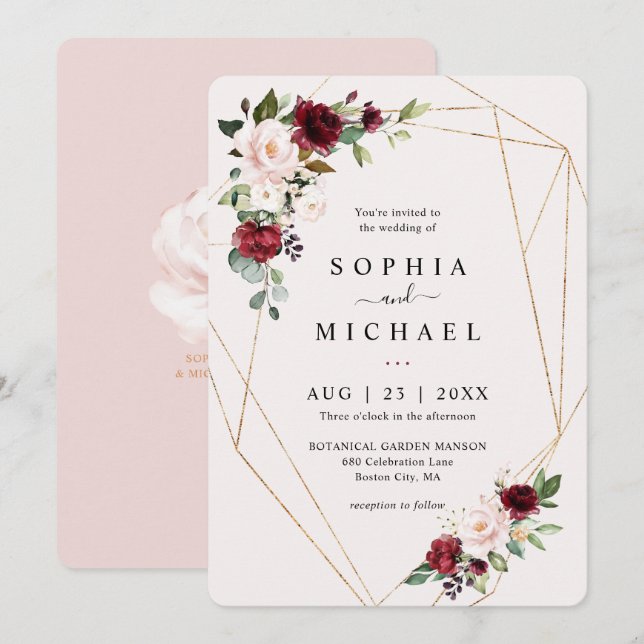 Invitation Mariage Forme Géométrique Dorée Fleurs Rose et Vin (Devant / Derrière)