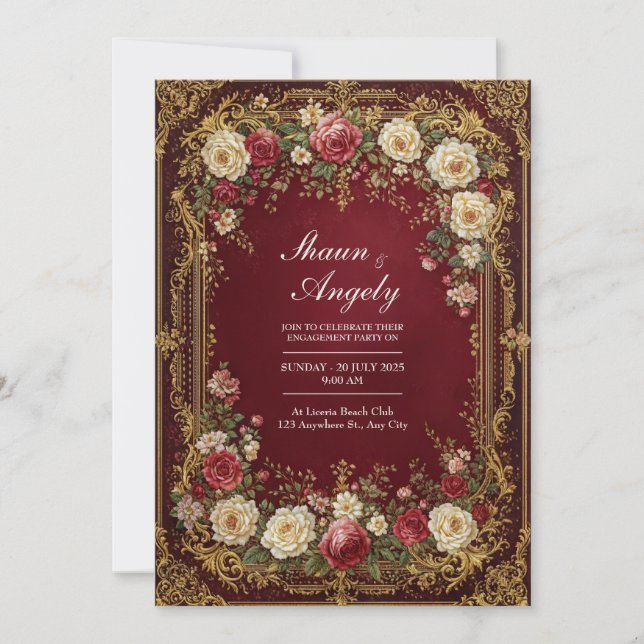 Invitation Mariage Formel Antique Bourguignon Floral Doré (Devant)
