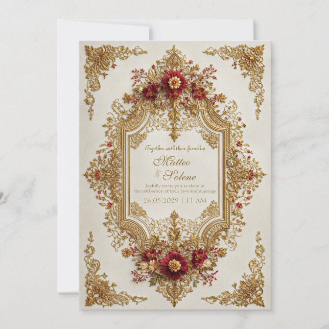Invitation Mariage Formel Antique Bourguignon Floral Doré (Devant)
