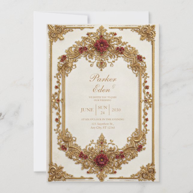 Invitation Mariage Formel Antique Bourguignon Floral Doré (Devant)