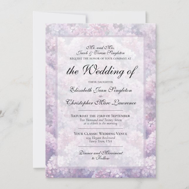 Invitation Mariage Formel Aquarelle Lilas Violet Élégant (Devant)