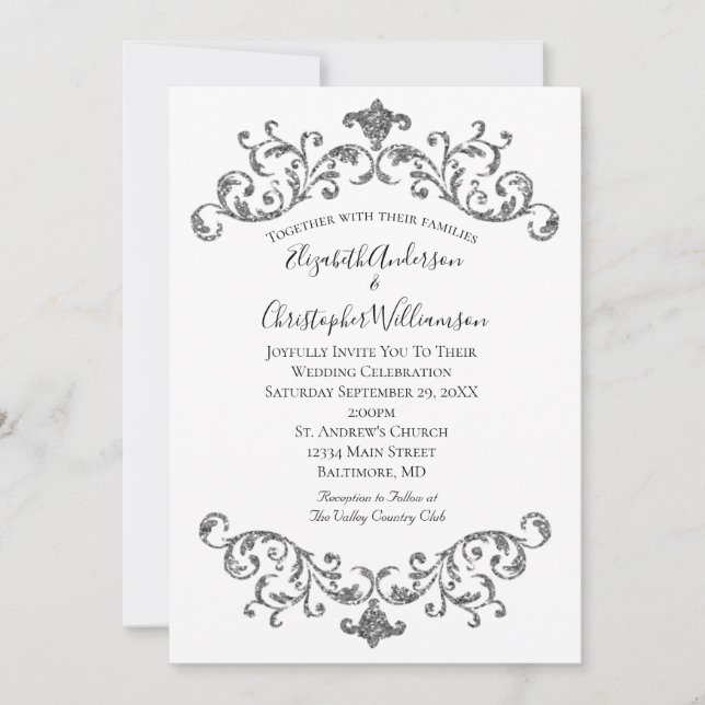 Invitation Mariage Formel Argent Noir Blanc Orné de Floraison (Devant)