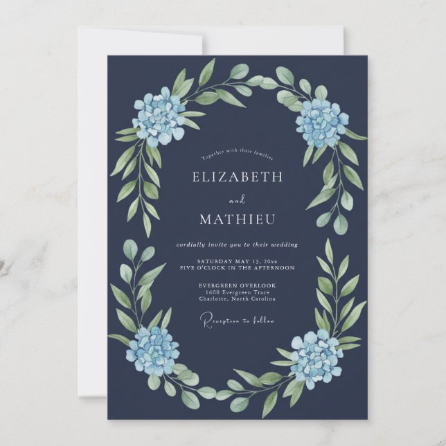 Invitation Mariage Formel aux Hydrangeas Bleu Marine (Devant)