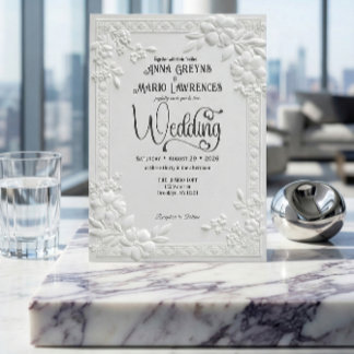 Invitation Mariage Formel Blanc Floral en Relief