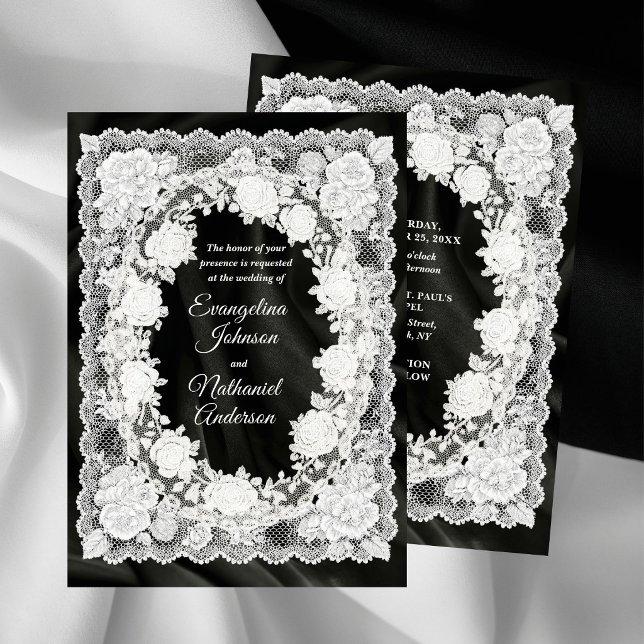 Invitation Mariage Formel Blanc Noir Roses Dentelle Intempore (Créateur téléchargé)