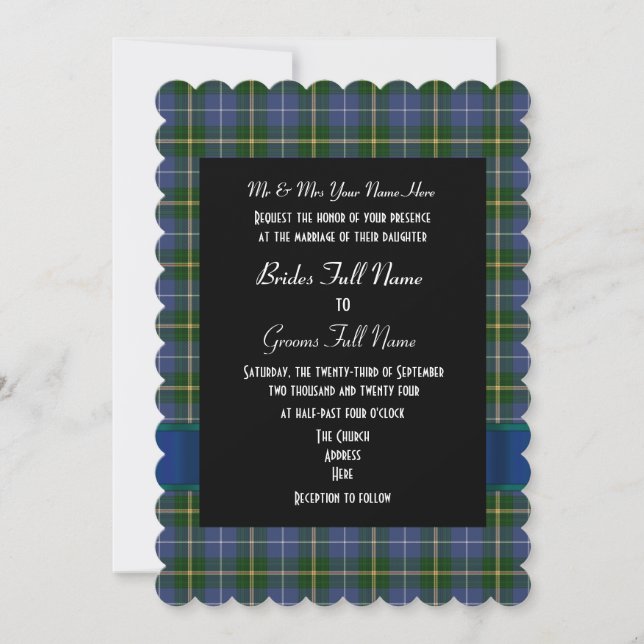 Invitation Mariage formel bleu et vert tartan plaid (Devant)