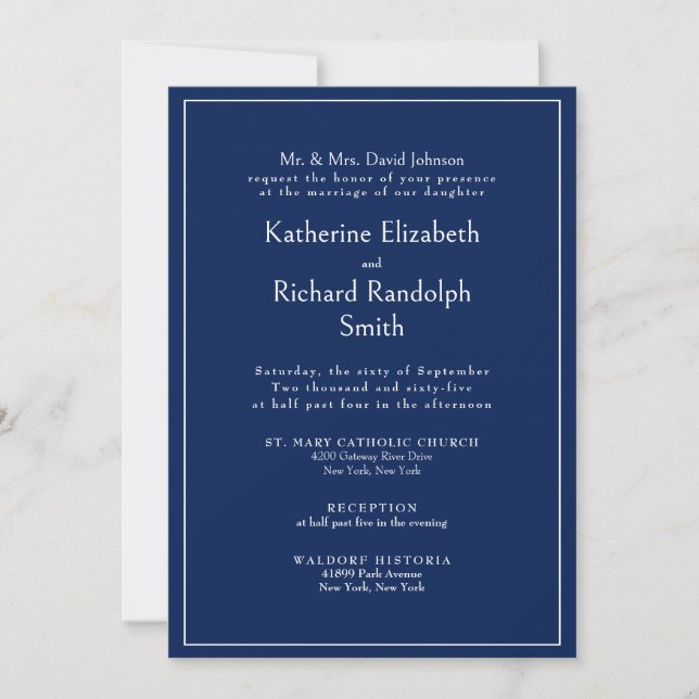 Invitation Mariage Formel Bleu Saphir Parents de la Mariée  (Devant)