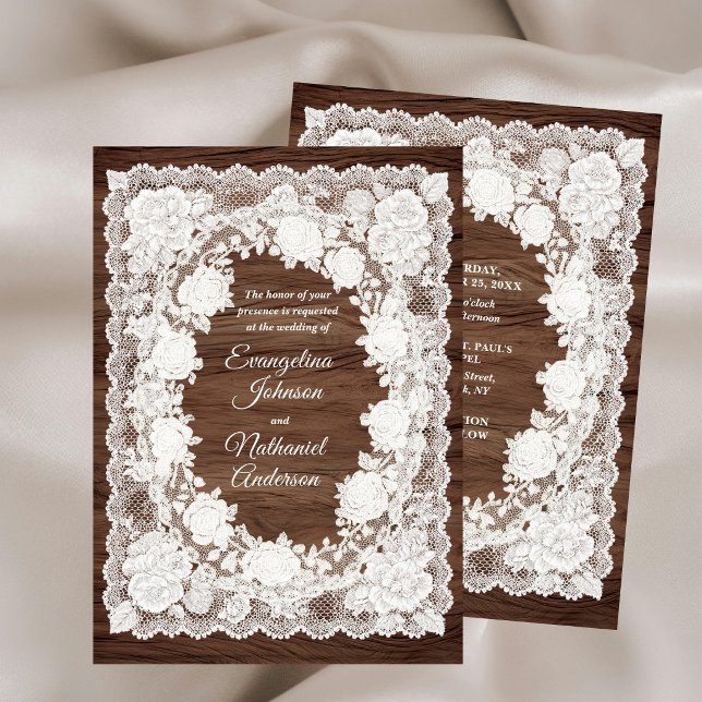 Invitation Mariage Formel Bois Rustique Roses Dentelle Intemp (Créateur téléchargé)