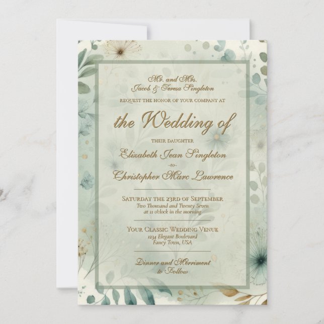 Invitation Mariage Formel Botanique Aquarelle Or Sage (Devant)