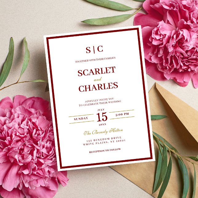 Invitation Mariage Formel Classique avec Monogramme en Bourgo (Burgundy and gold monogram wedding invitation sets a refined tone for your special day.)