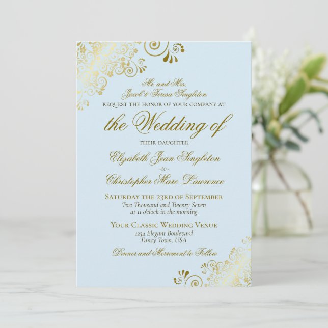 Invitation Mariage Formel Classique Élégant Bleu Poudre & Or (Debout devant)