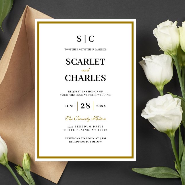 Invitation Mariage Formel Classique Monogramme Noir Or (Formal black and gold monogram wedding invitation adds a timeless, elegant first impression.)