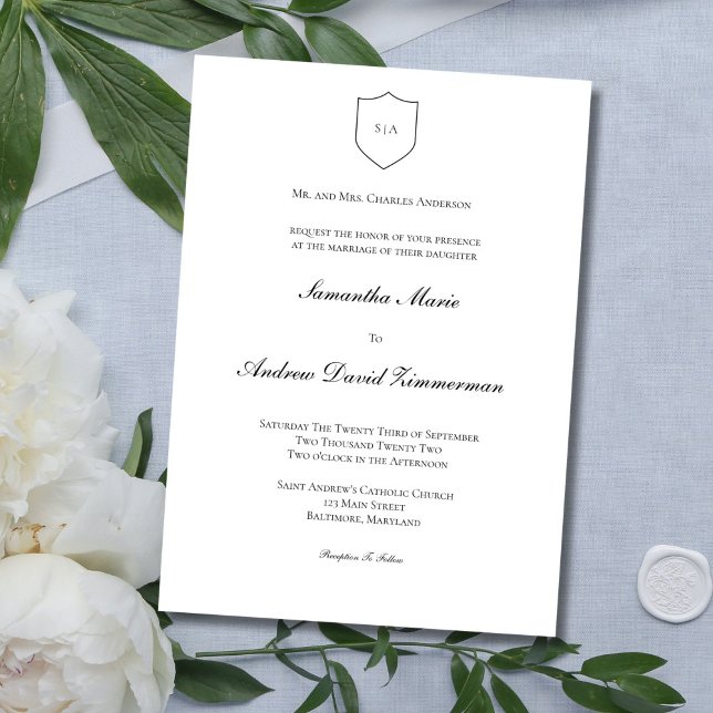 Invitation Mariage Formel Classique Monogramme Traditionnel  (Traditional Monogram Classic Elegant Black White Wedding Invitation)