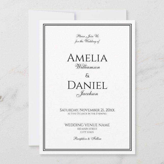 Invitation Mariage Formel Classique Noir et Blanc Script  (Devant)