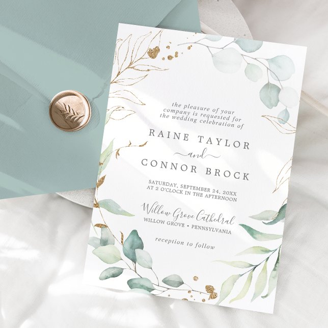 Invitation Mariage Formel de Feuillage Aérien et Feuille d'Or (Airy Greenery and Gold Leaf Formal Wedding Invitation)