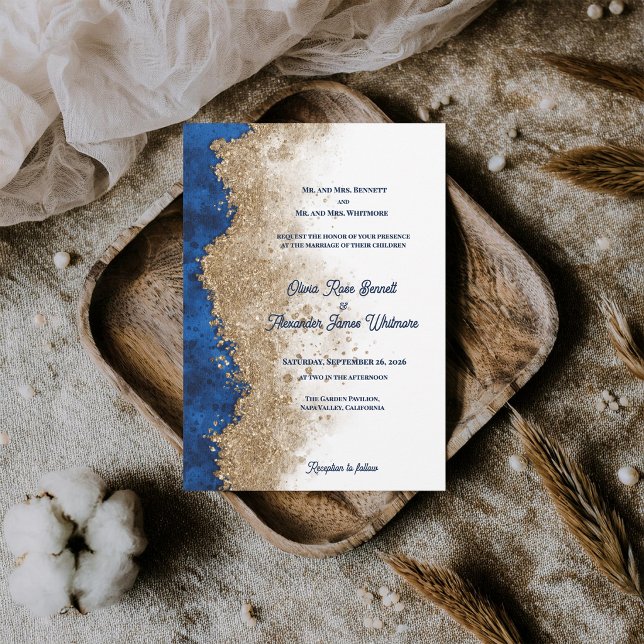Invitation Mariage Formel de Luxe Abstrait Bleu Royal Or (Royal Blue Gold Wedding Invitation Luxury Navy Blue Gold Formal Wedding Invite )