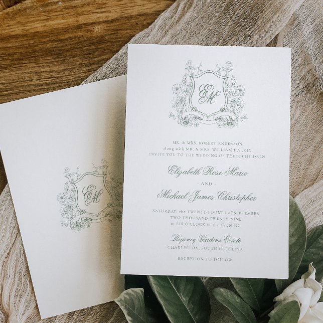 Invitation Mariage Formel de Monogramme de Crête Florale de V (Créateur téléchargé)