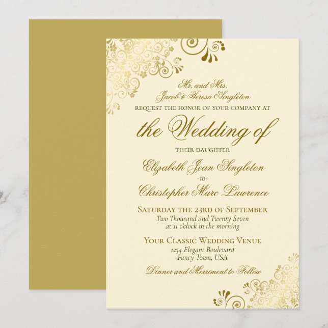 Invitation Mariage Formel de Style Classique Élégant Or et Cr (Devant / Derrière)