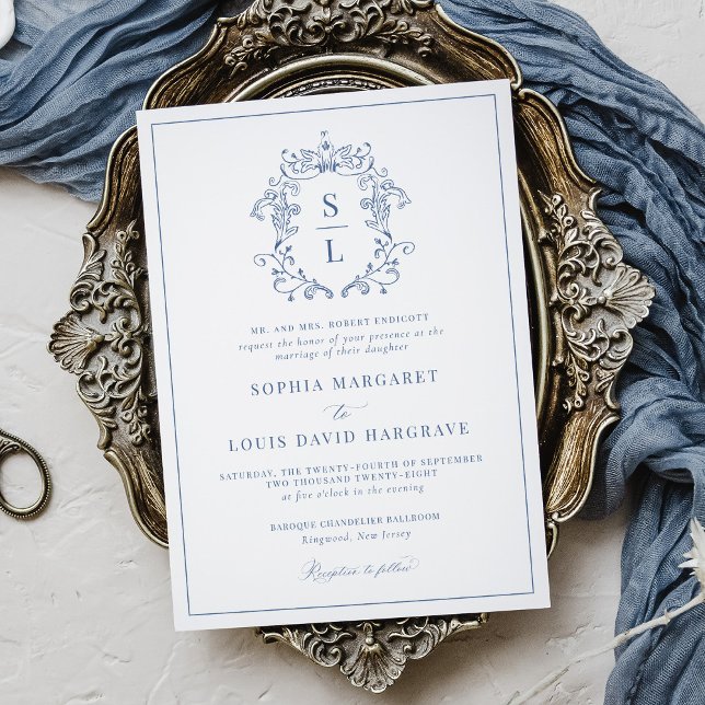 Invitation Mariage Formel Élégant Baroque Blason Monogramme B (Créateur téléchargé)