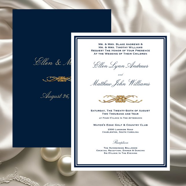 Invitation Mariage Formel Élégant Bleu Marine et Or (Navy and Gold Elegant Minimalist Wedding Invitation)