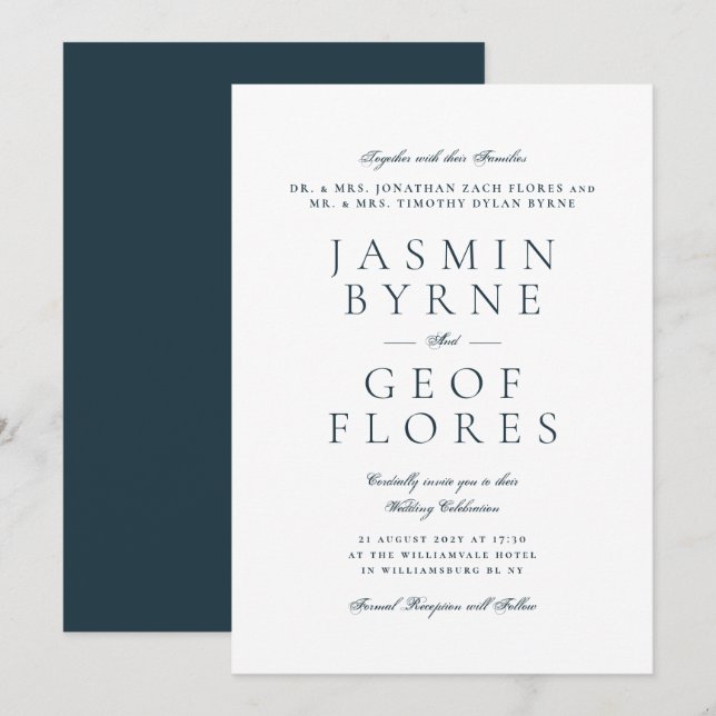 Invitation Mariage Formel Élégant Bleu Nuit et Blanc (Devant / Derrière)