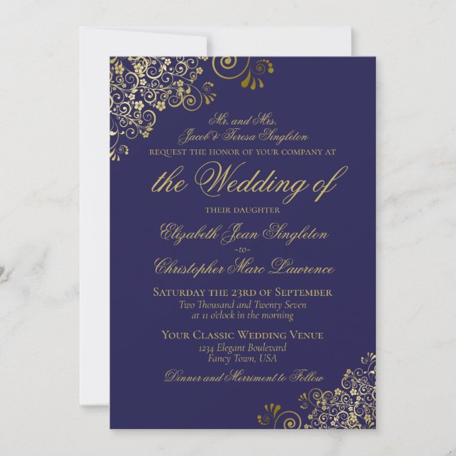 Invitation Mariage Formel Élégant Bleu Nuit et Or (Devant)