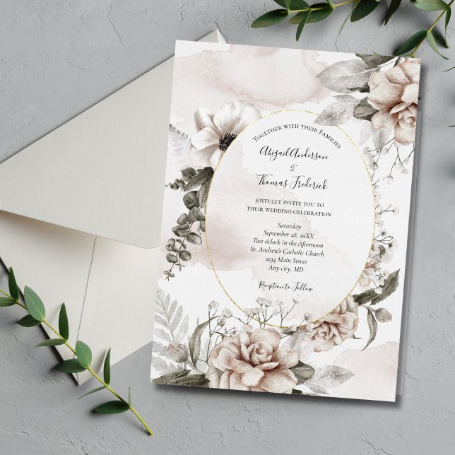 Invitation Mariage Formel Élégant Botanique Floral Gris Rose (Blush Pink Gray Floral Watercolor Wedding Invitation. Elegant and Classic.)