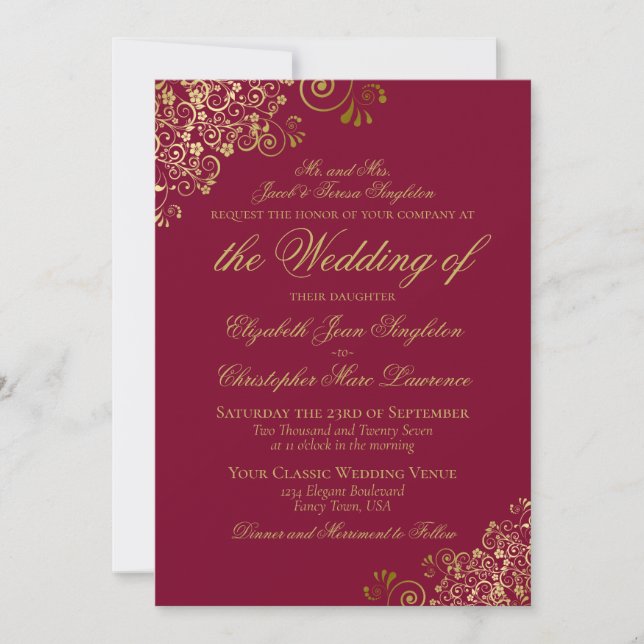 Invitation Mariage Formel Élégant Bourgogne & Or (Devant)
