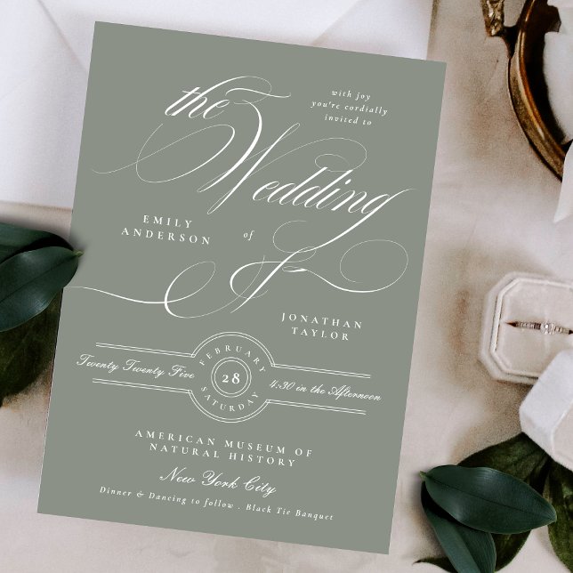 Invitation Mariage Formel Élégant Calligraphie Gris Vert (Créateur téléchargé)