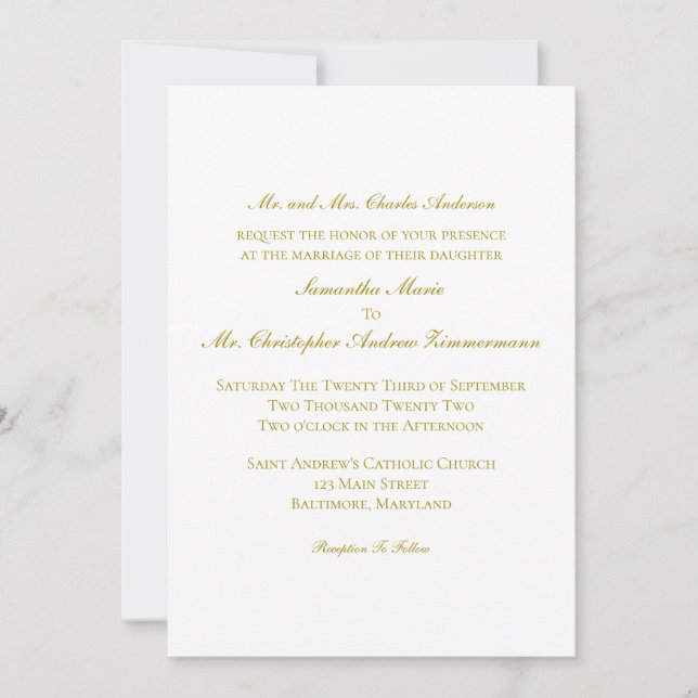 Invitation Mariage Formel Élégant Classique Traditionnel Or (Devant)