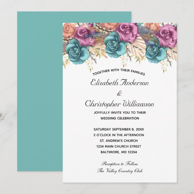 Invitation Mariage Formel Élégant Fleur Rose Pêche Bleue (Devant / Derrière)