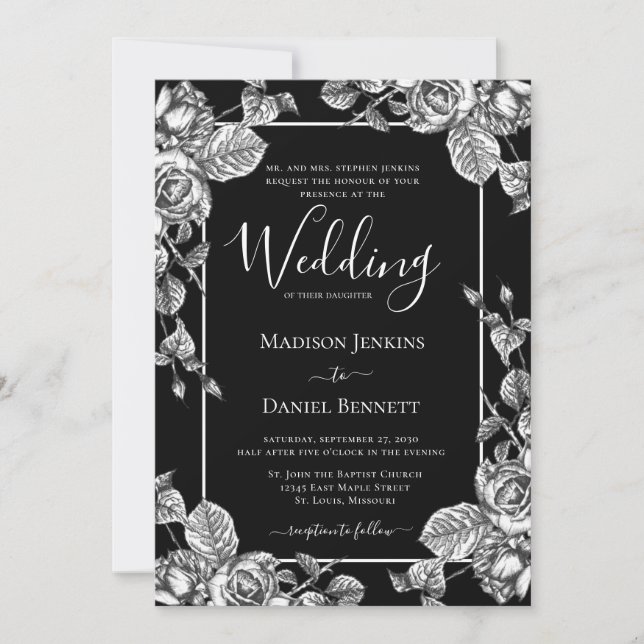 Invitation Mariage Formel Élégant Fleurs Noir et Blanc (Devant)