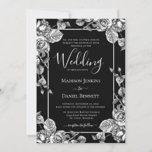 Invitation Mariage Formel Élégant Fleurs Noir et Blanc