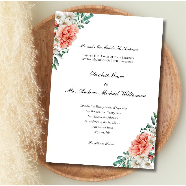Invitation Mariage Formel Élégant Floral Vert Pêche Blanc (Peach White Greenery Eucalyptus Wedding invitation Formal Traditional Classy Printed or Digital )