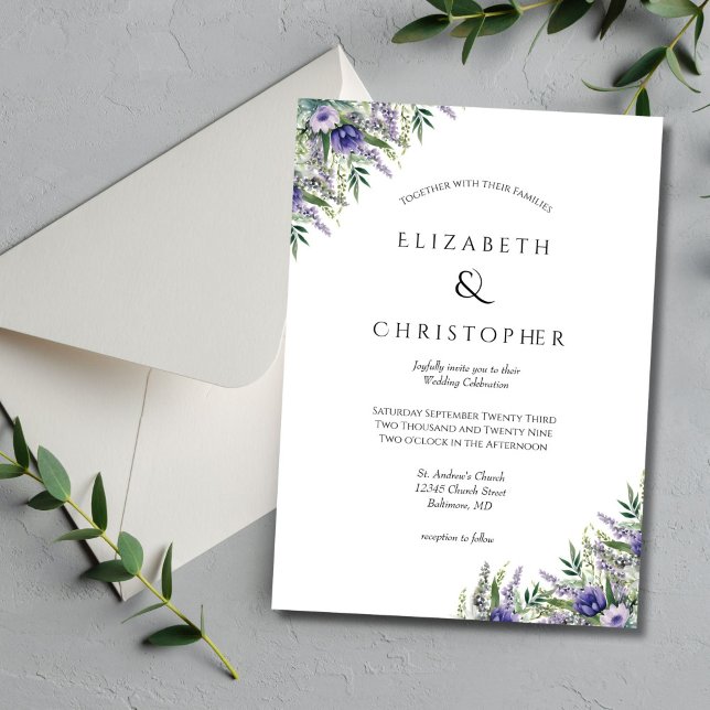 Invitation Mariage Formel Élégant Moderne au Lavande Violet  (Lavender Greenery Watercolor Floral Botanical Wedding invitation Formal and Elegant)
