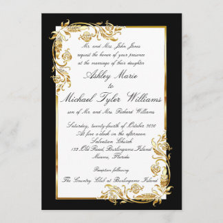 Invitation Mariage Formel Élégant Noir Blanc Or