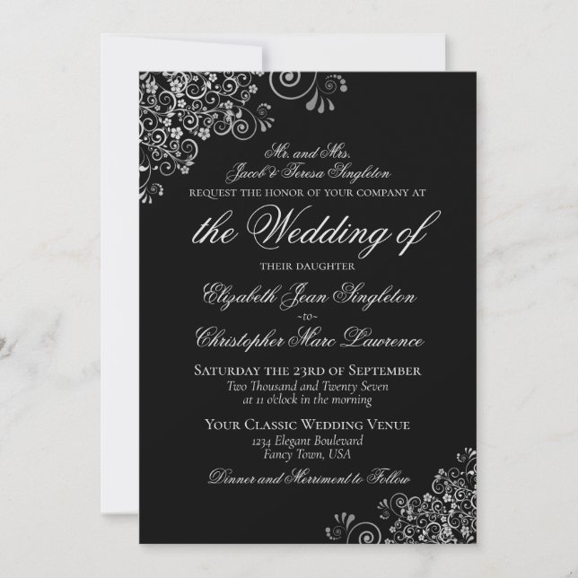 Invitation Mariage Formel Élégant Noir et Argent Classique (Devant)
