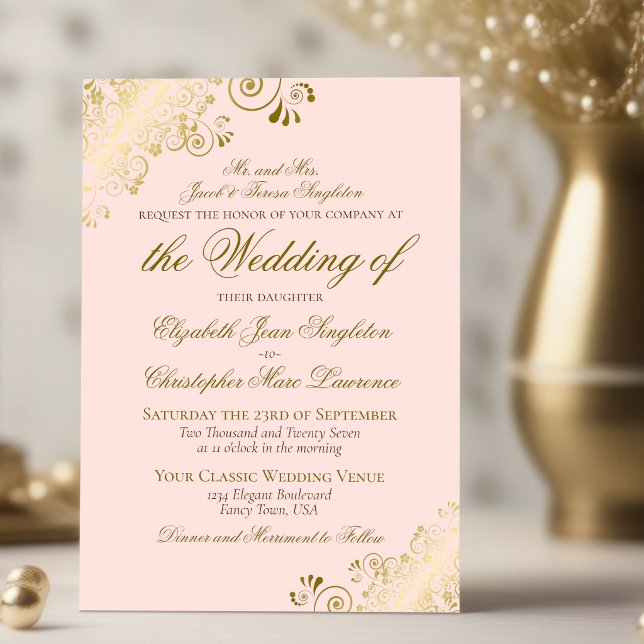 Invitation Mariage Formel Élégant Rose Pâle & Or Classique (Créateur téléchargé)
