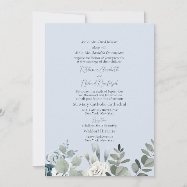 Invitation Mariage Formel Fleurs Bleu Poussiéreux Deux Parent (Devant)