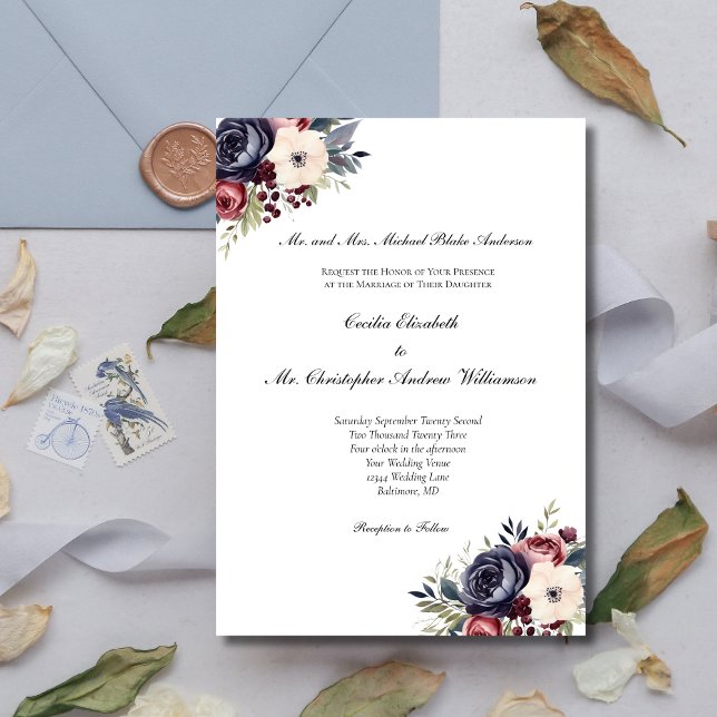 Invitation Mariage Formel Fleurs Burgundy Bleu Nuit Crème (Burgundy Navy Blue Cream Watercolor Floral Formal Traditional Classic Wedding Invitation)