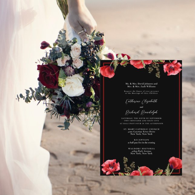 Invitation Mariage Formel Fleurs Rouges Noir (Créateur téléchargé)