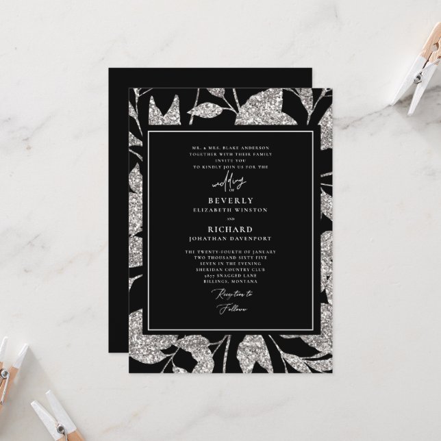 Invitation Mariage Formel Glamour Noir et Argent (Devant/Arrière en situation)