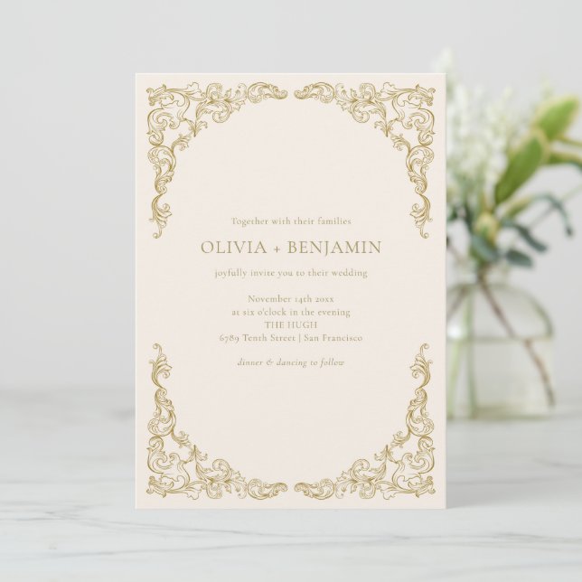 Invitation Mariage Formel Ivoire Doré Orné de Rouleaux (Debout devant)