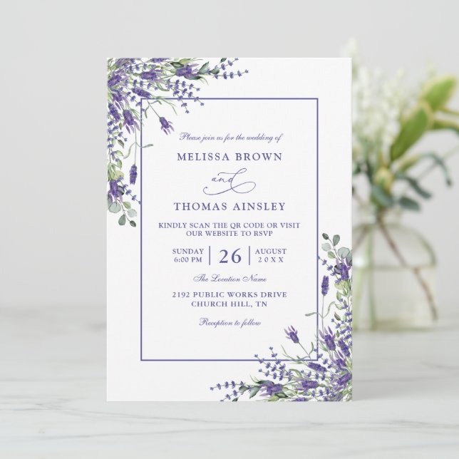 Invitation Mariage Formel Lavande Eucalyptus Budget Code QR (Debout devant)