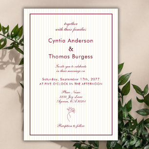 Invitation Mariage Formel Minimaliste Rayé Beige Bourgogne