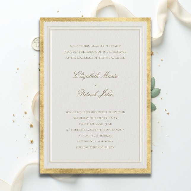 Invitation Mariage Formel Moderne Classique Élégant Doré Écru (formal traditional wedding invitation modern classic double frame gold ballroom black tie ecru)