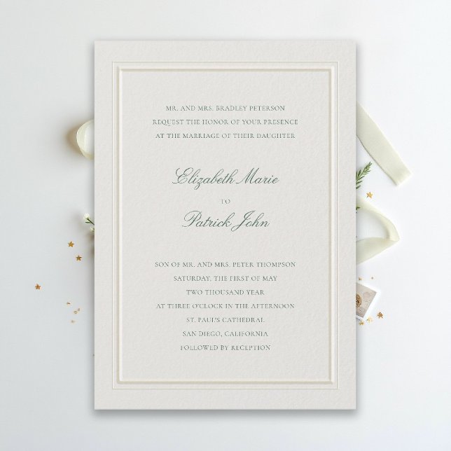Invitation Mariage Formel Moderne Classique Élégant Vert Ecru (modern classic wedding invitation forest green type double frame ecru formal traditional stately)