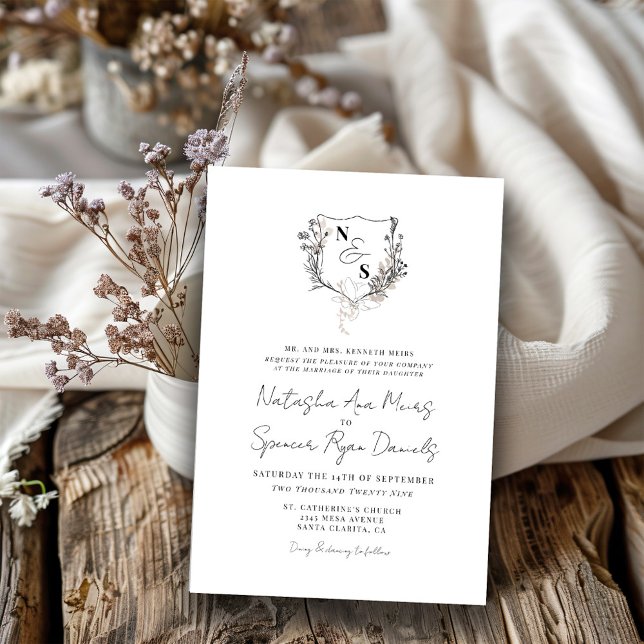 Invitation Mariage Formel Monogramme à Crête Florale Noir/Bla (Créateur téléchargé)