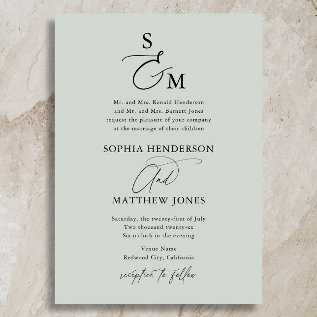 Invitation Mariage Formel Monogramme Calligraphie Vert Sauge (Créateur téléchargé)