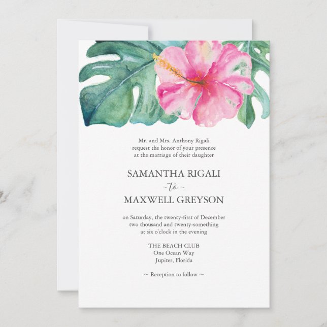 Invitation Mariage Formel Monstera Feuille d'Hibiscus Rose (Devant)